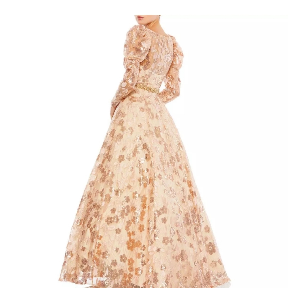Mac Duggal Womens Gold Floral Puff Sleeve Formal Evening Dress Gown 12